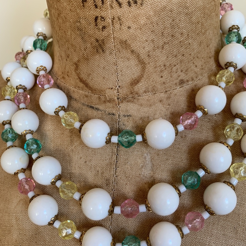 Vintage 50s three strand cascade white and clear cut bead necklace